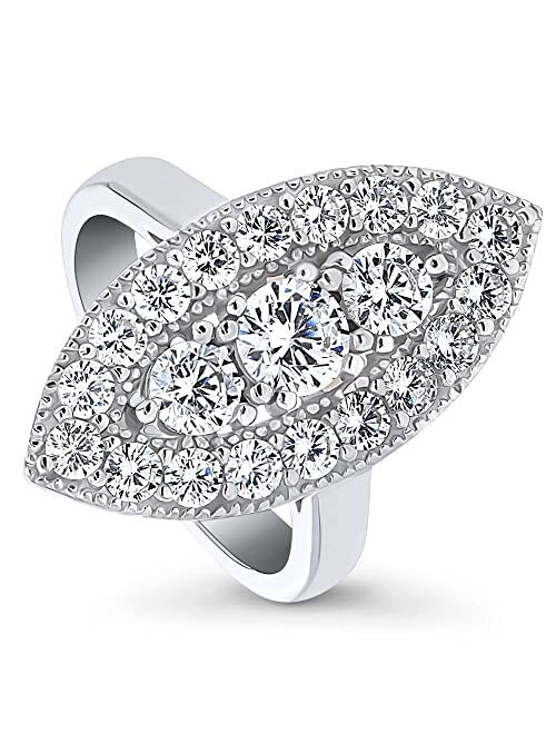 BERRICLE Sterling Silver 3-Stone Wedding Engagement Rings Round Cubic Zirconia CZ Statement Navette Ring for Women, Rhodium Plated Size 4-10