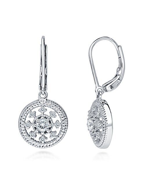 BERRICLE Sterling Silver Medallion Cubic Zirconia CZ Art Deco Leverback Dangle Drop Earrings for Women, Rhodium Plated