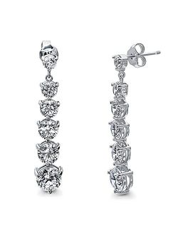 Sterling Silver Graduated Cubic Zirconia CZ Dangle Drop Earrings for Women, Rhodium Plated