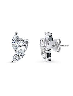 Sterling Silver 3-Stone Marquise Cut Cubic Zirconia CZ Cluster Stud Earrings for Women, Rhodium Plated