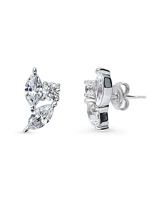 BERRICLE Sterling Silver 3-Stone Marquise Cut Cubic Zirconia CZ Cluster Stud Earrings for Women, Rhodium Plated