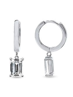 Sterling Silver Solitaire 2 Carat Emerald Cut Cubic Zirconia CZ Anniversary Dangle Drop Earrings for Women, Rhodium Plated