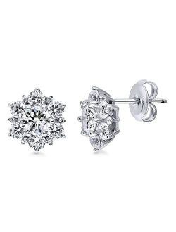 Sterling Silver Flower Cubic Zirconia CZ Halo Anniversary Stud Earrings for Women, Rhodium Plated