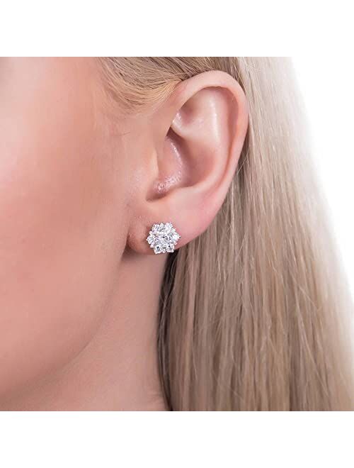 BERRICLE Sterling Silver Flower Cubic Zirconia CZ Halo Anniversary Stud Earrings for Women, Rhodium Plated