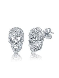 Sterling Silver Skull Bones Cubic Zirconia CZ Fashion Stud Earrings for Women, Rhodium Plated
