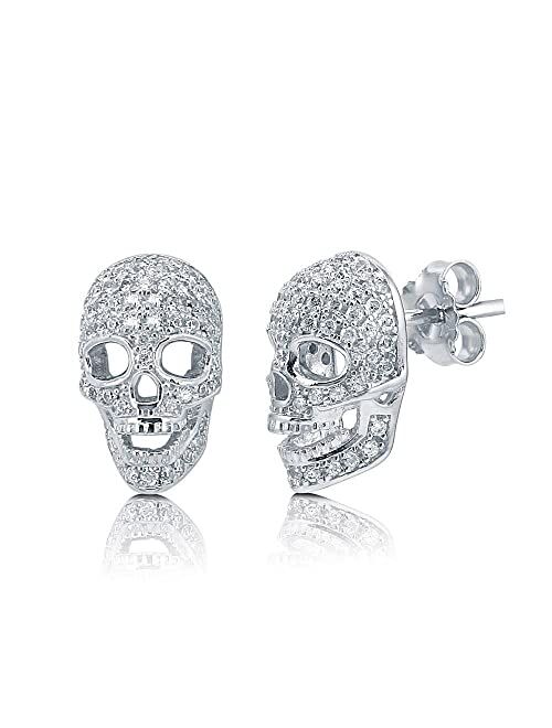 BERRICLE Sterling Silver Skull Bones Cubic Zirconia CZ Fashion Stud Earrings for Women, Rhodium Plated