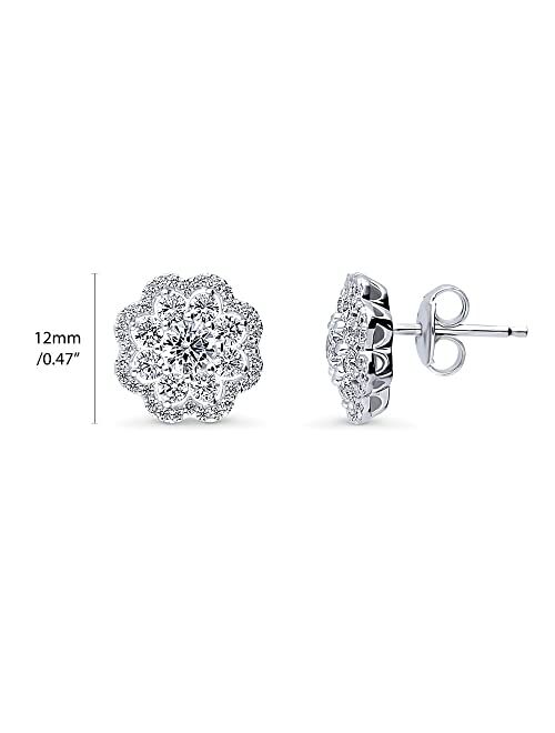 BERRICLE Sterling Silver Flower Cubic Zirconia CZ Halo Anniversary Stud Earrings for Women, Rhodium Plated