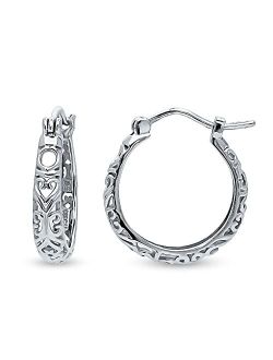 Sterling Silver Filigree Medium Fashion Hoop Earrings for Women, 0.75"