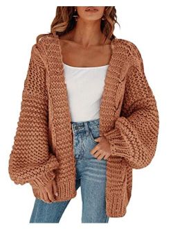 Women's Open Front Chunky Knit Cardigan Loose Lantern Sleeve Oversized Sweater Coats