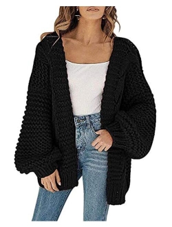 Women's Open Front Chunky Knit Cardigan Loose Lantern Sleeve Oversized Sweater Coats