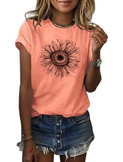 Women's Sunflower T Shirt Summer Short Sleeve Cute Graphic Loose Tees Tops