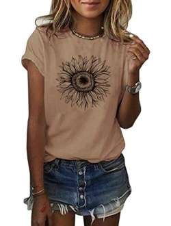 Women's Sunflower T Shirt Summer Short Sleeve Cute Graphic Loose Tees Tops