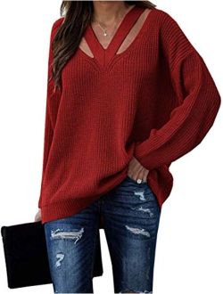 Women's V Neck Sweaters Hollow Out Long Sleeve Casual Knit Pullover Jumper Tops
