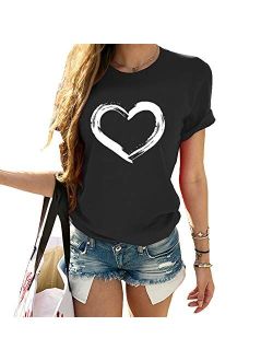 Womens Cute Heart Graphic T Shirts Casual Short Sleeve Crewneck Summer Tees Tops