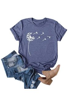 Women's Dandelion Print T Shirts Cute Graphic Tees Short Sleeve Summer Cotton Tee Tops