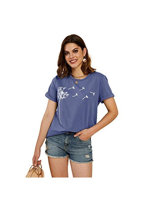 Cicy Bell Women's Dandelion Print T Shirts Cute Graphic Tees Short Sleeve Summer Cotton Tee Tops