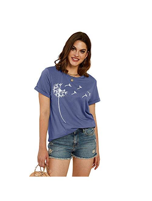 Cicy Bell Women's Dandelion Print T Shirts Cute Graphic Tees Short Sleeve Summer Cotton Tee Tops