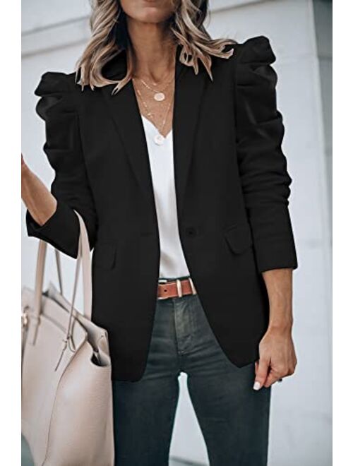Cicy Bell Women's Casual Blazers Puff Sleeve Open Front Lapel Button Work Office Blazer Jackets with Pockets