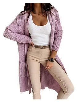 Women's Open Front Hooded Cardigan Long Sleeve Casual Knit Sweater Coat with Pockets