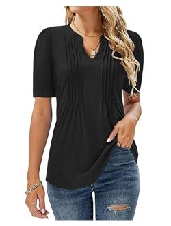 Women's V Neck T Shirts Casual Short Sleeve Pleated Blouses Summer Tee Tops