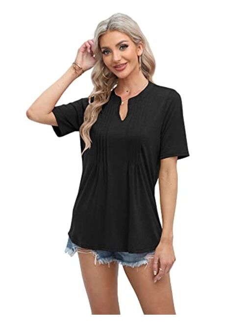 Cicy Bell Women's V Neck T Shirts Casual Short Sleeve Pleated Blouses Summer Tee Tops