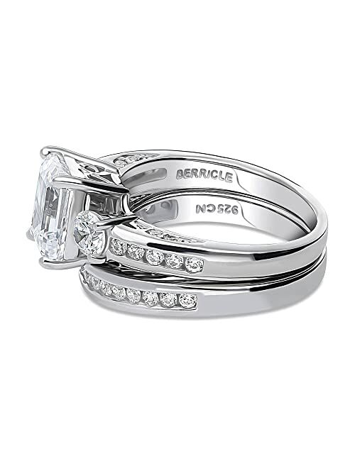 BERRICLE Sterling Silver 3-Stone Wedding Engagement Rings Emerald Cut Cubic Zirconia CZ Anniversary Ring Set for Women, Rhodium Plated Size 4-10