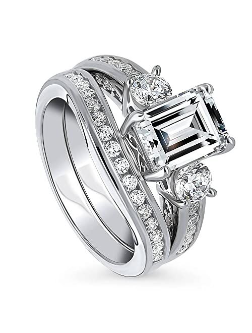 BERRICLE Sterling Silver 3-Stone Wedding Engagement Rings Emerald Cut Cubic Zirconia CZ Anniversary Ring Set for Women, Rhodium Plated Size 4-10