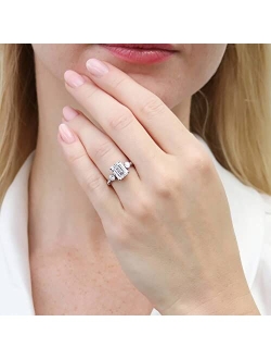 Sterling Silver 3-Stone Wedding Engagement Rings Emerald Cut Cubic Zirconia CZ Woven Ring for Women, Rhodium Plated Size 4-10