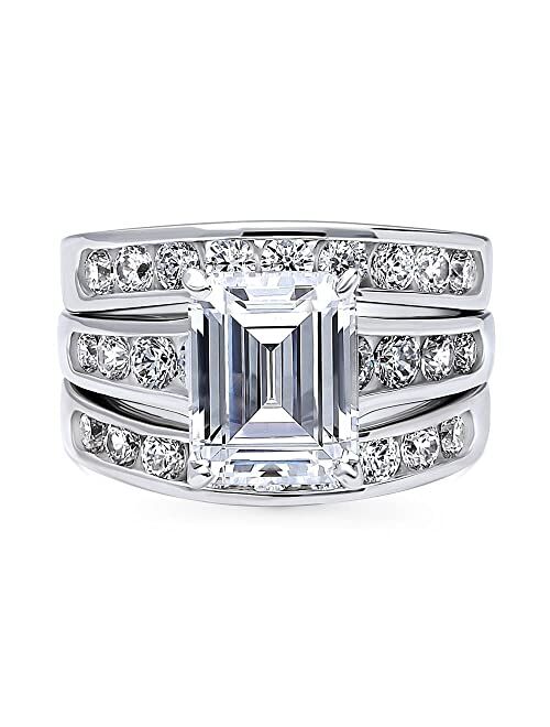 BERRICLE Sterling Silver Solitaire Wedding Engagement Rings 3.8 Carat Emerald Cut Cubic Zirconia CZ Statement Ring Set for Women, Rhodium Plated Size 4-10