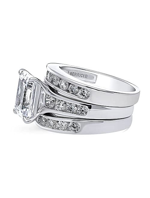 BERRICLE Sterling Silver Solitaire Wedding Engagement Rings 3.8 Carat Emerald Cut Cubic Zirconia CZ Statement Ring Set for Women, Rhodium Plated Size 4-10