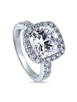 Sterling Silver Halo Wedding Engagement Rings Cushion Cut Cubic Zirconia CZ Statement Ring for Women, Rhodium Plated Size 4-10