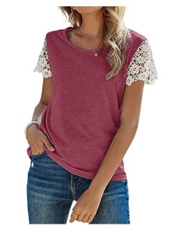 Women's Lace Short Sleeve T Shirts Crewneck Casual Summer Tee Tops