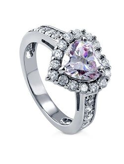 Sterling Silver Halo Wedding Engagement Rings Purple Heart Cubic Zirconia CZ Ring for Women, Rhodium Plated Size 4-10
