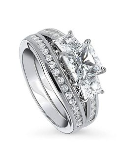 Sterling Silver 3-Stone Wedding Engagement Rings Princess Cut Cubic Zirconia CZ Anniversary Ring Set for Women, Rhodium Plated Size 4-10