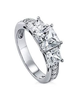 Sterling Silver 3-Stone Wedding Engagement Rings Princess Cut Cubic Zirconia CZ Anniversary Promise Ring for Women, Rhodium Plated Size 4-10