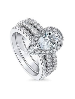 Sterling Silver Halo Wedding Engagement Rings Pear Cut Cubic Zirconia CZ Ring Set for Women, Rhodium Plated Size 4-10