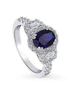 Sterling Silver 3-Stone Simulated Blue Sapphire Oval Cut Cubic Zirconia CZ Halo Fashion Ring for Women, Rhodium Plated Size 4-10