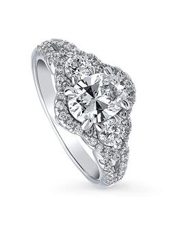 Sterling Silver 3-Stone Wedding Engagement Rings Oval Cut Cubic Zirconia CZ Halo Split Shank Ring for Women, Rhodium Plated Size 4-10