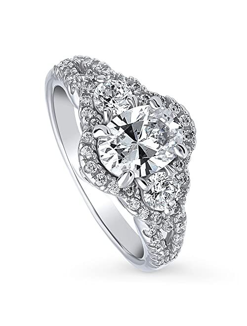 BERRICLE Sterling Silver 3-Stone Wedding Engagement Rings Oval Cut Cubic Zirconia CZ Halo Split Shank Ring for Women, Rhodium Plated Size 4-10
