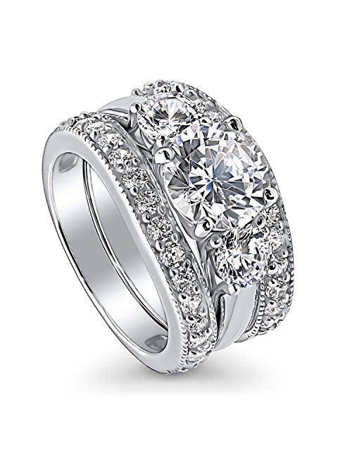 BERRICLE Sterling Silver 3-Stone Wedding Engagement Rings Round Cubic Zirconia CZ Anniversary Ring Set for Women, Rhodium Plated Size 4-10