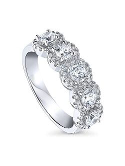 Sterling Silver 5-Stone Wedding Rings Cubic Zirconia CZ Anniversary Band for Women, Rhodium Plated Size 4-10