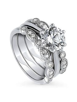 Sterling Silver Solitaire Wedding Engagement Rings 2 Carat Round Cubic Zirconia CZ Ring Set for Women, Rhodium Plated Size 4-10