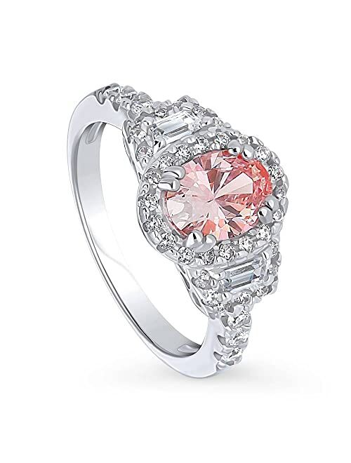 BERRICLE Sterling Silver 3-Stone Morganite Color Oval Cut Cubic Zirconia CZ Halo Fashion Ring for Women, Rhodium Plated Size 4-10