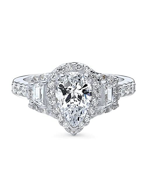 BERRICLE Sterling Silver 3-Stone Wedding Engagement Rings Pear Cut Cubic Zirconia CZ Halo Ring for Women, Rhodium Plated Size 4-10