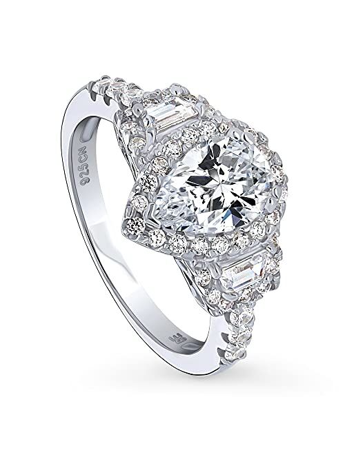 BERRICLE Sterling Silver 3-Stone Wedding Engagement Rings Pear Cut Cubic Zirconia CZ Halo Ring for Women, Rhodium Plated Size 4-10