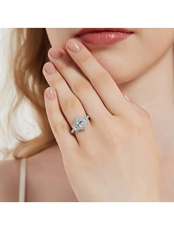 Sterling Silver 3-Stone Wedding Engagement Rings Marquise Cut Cubic Zirconia CZ Halo Ring for Women, Rhodium Plated Size 4-10