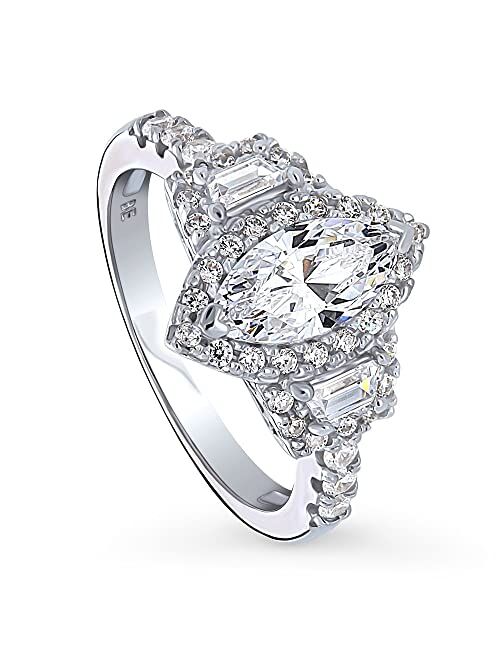BERRICLE Sterling Silver 3-Stone Wedding Engagement Rings Marquise Cut Cubic Zirconia CZ Halo Ring for Women, Rhodium Plated Size 4-10