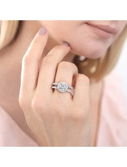 Sterling Silver Halo Wedding Engagement Rings Round Cubic Zirconia CZ Ring for Women, Rhodium Plated Size 4-10