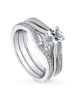 Sterling Silver Solitaire Wedding Engagement Rings 0.8 Carat Pear Cut Cubic Zirconia CZ Ring Set for Women, Rhodium Plated Size 4-10
