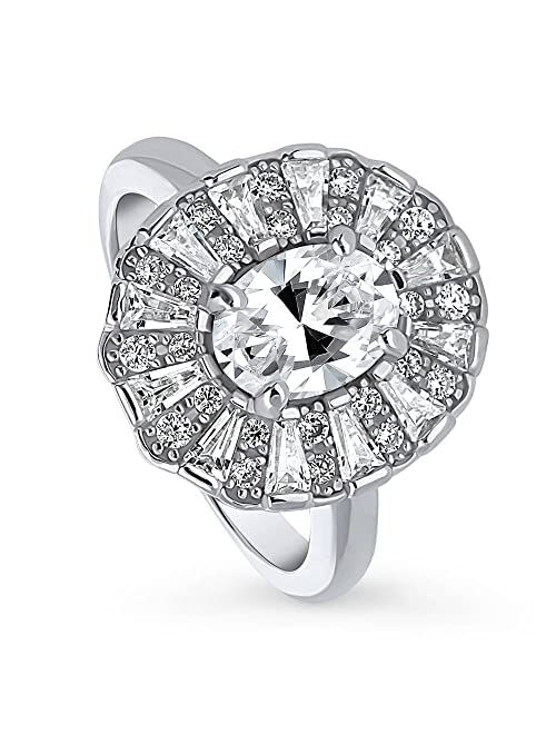 BERRICLE Sterling Silver Halo Oval Cut Cubic Zirconia CZ Art Deco Cocktail Fashion Ring for Women, Rhodium Plated Size 4-10